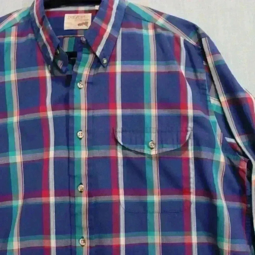 Vintage Plaid Button Down Men's L Tall Long Sleeve Shirt Multicolor Cotton Blend